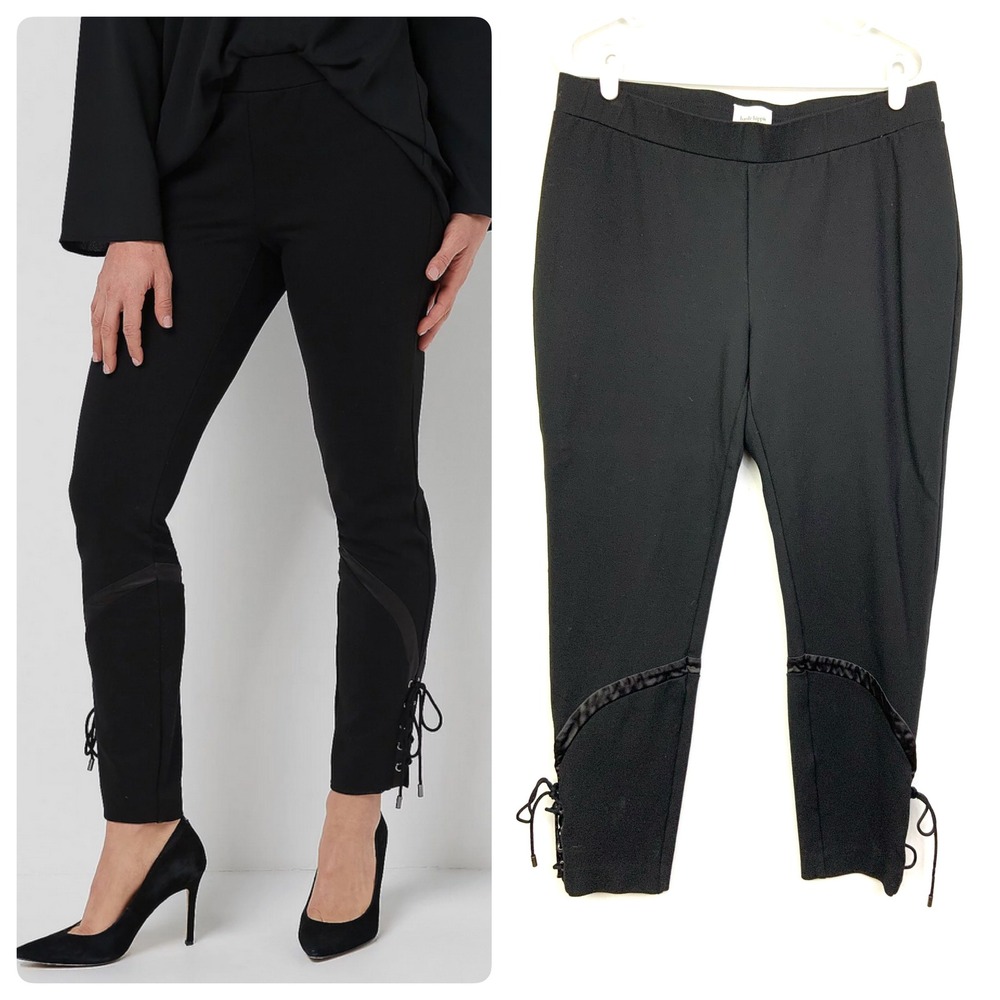 Haute Hippie Sz Large Black Satin Lace Up Ankle Pull On Ponte Knit Pants